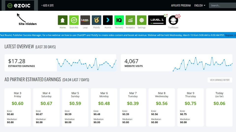 This is what the Ezoic monetization dashboard looks like.