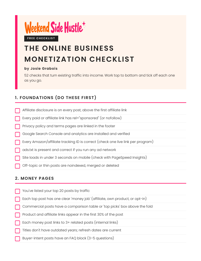 The Online Business Monetization Checklist by Josie Grabois, page 1 preview