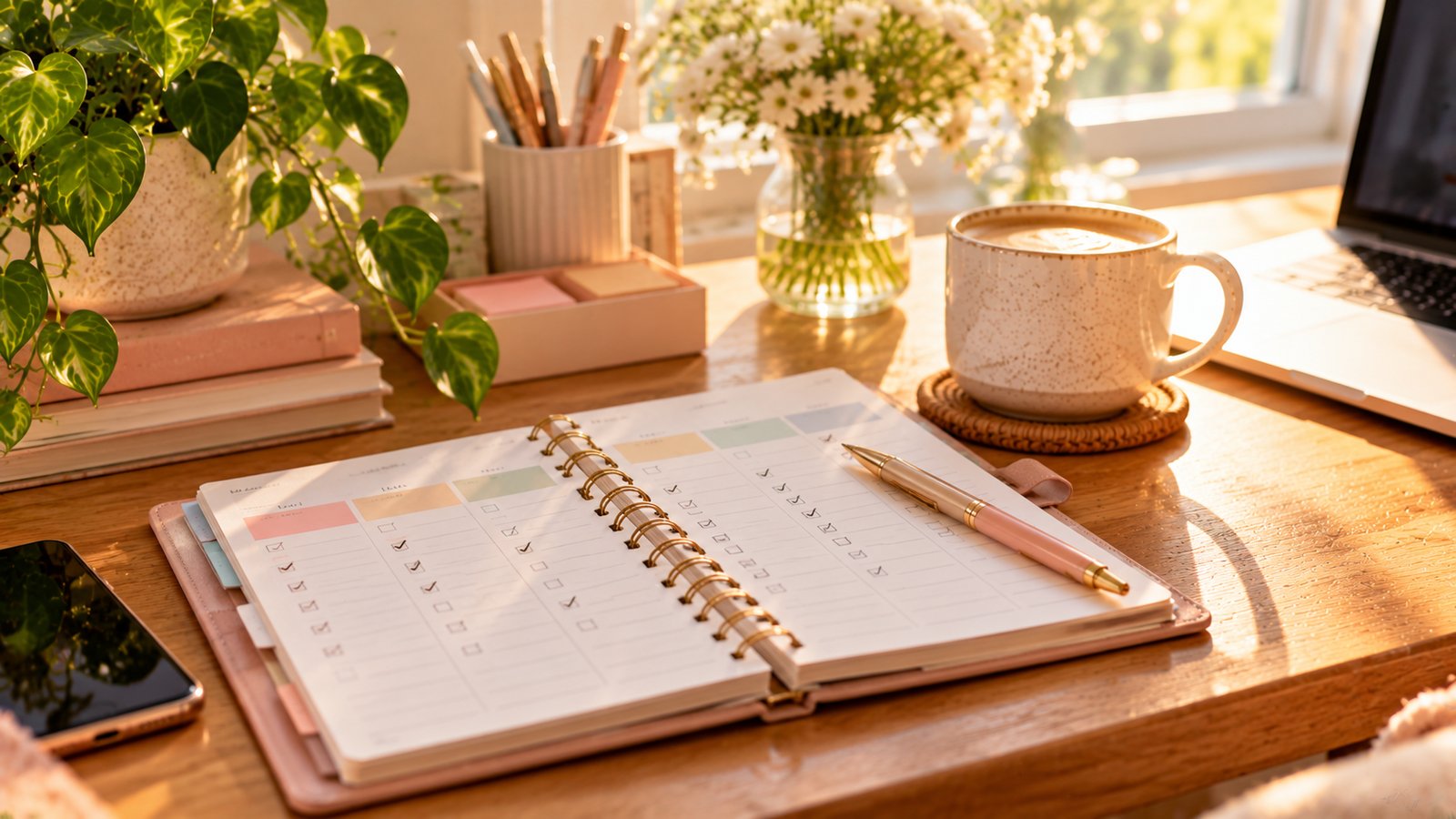 A weekly planner with checked boxes, a pen and a coffee on a wooden desk, morning light - A First-Month Plan