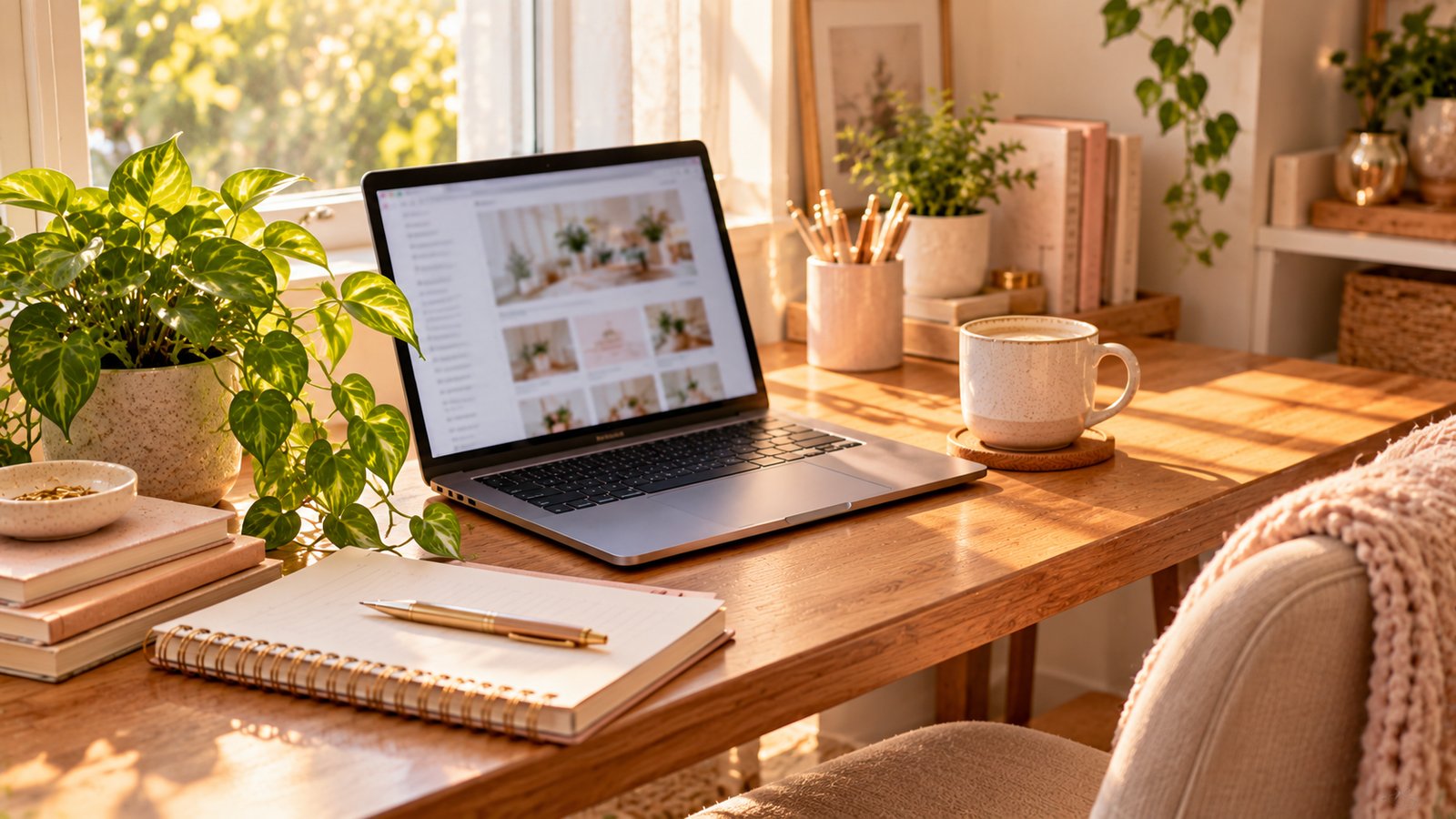 A cozy home office with a laptop, a plant and a mug on a wooden desk, soft window light - Building a Resource Page