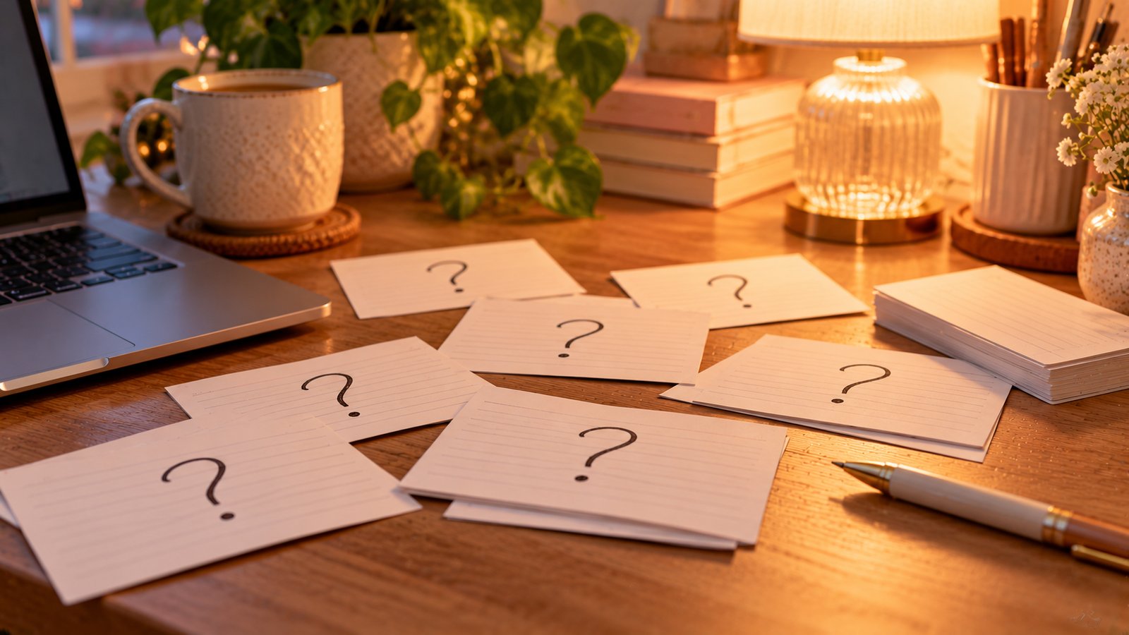 Blank index cards with drawn question marks spread on a desk beside a pen - Frequently Asked Questions