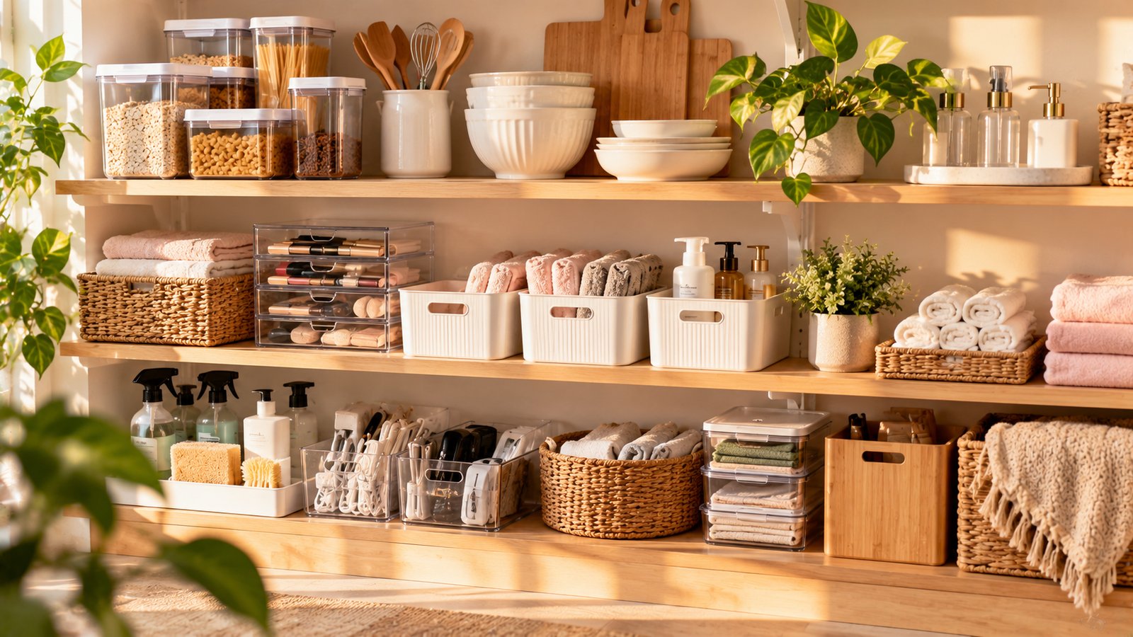 A curated shelf of home organizers and kitchen items grouped by theme, warm light, no brand names - How Affiliate Marketing Works