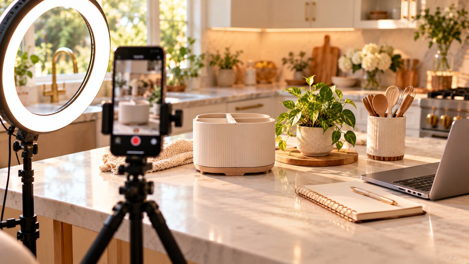 A creator setup with a smartphone on a tripod filming a small home product on a counter, ring light glowing - Step 1: Choose Programs That Fit