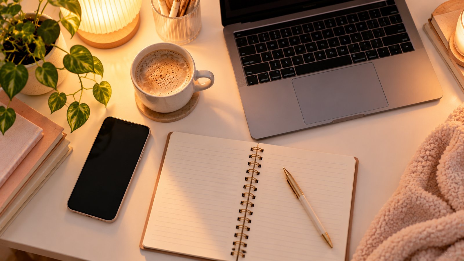 A flat lay of a laptop, notebook, pen and phone on a white desk, top-down view - Step 2: Pick the Right Posts