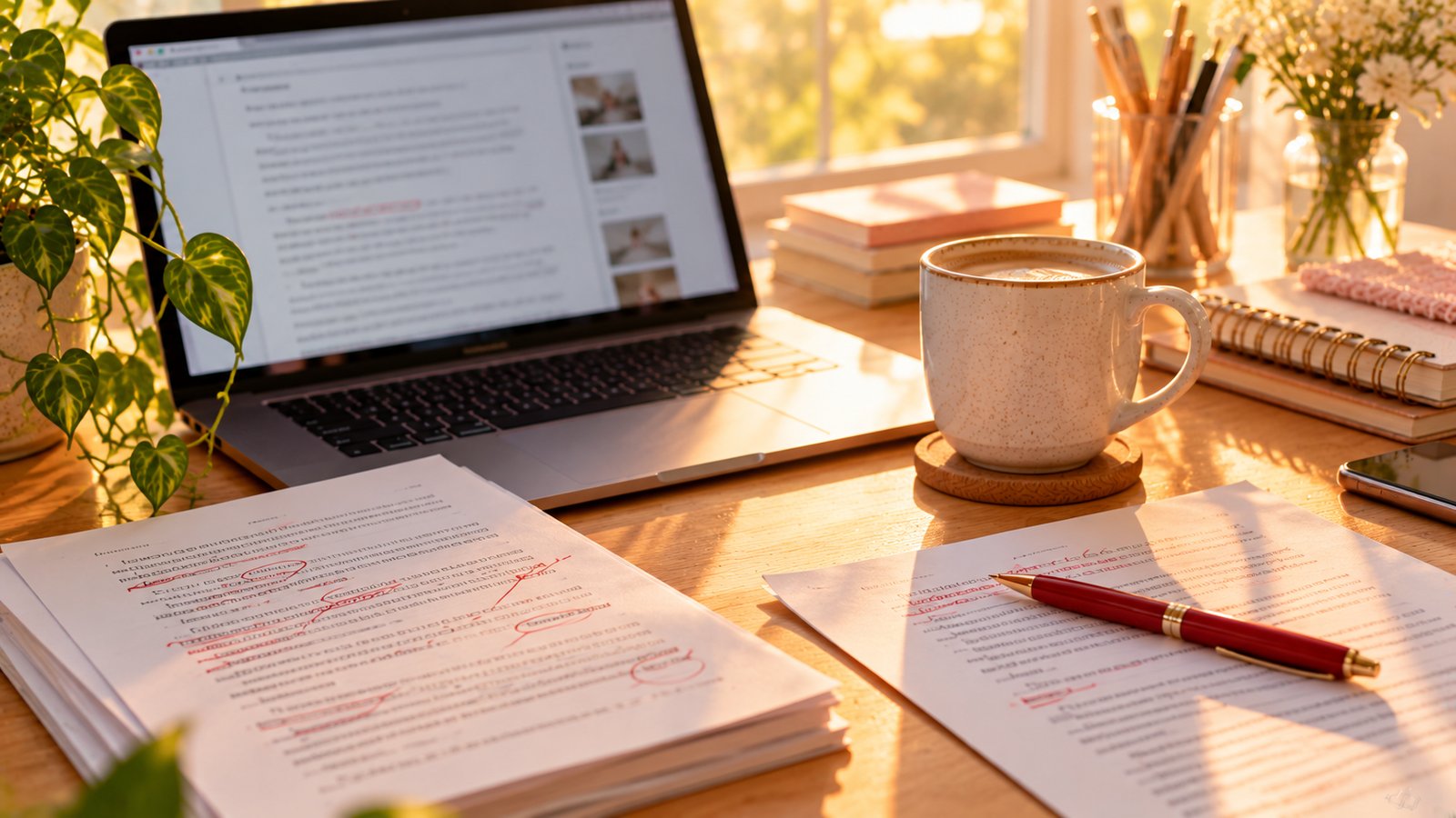 A writer's desk with a laptop, printed draft pages marked in red pen and a coffee mug - Step 3: Write Recommendations That Help