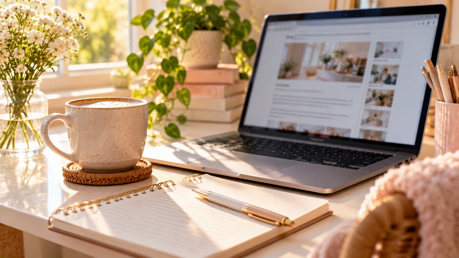 A blogger's desk with a laptop showing a blurred article, a notebook and a coffee cup, bright morning light - Step 5: Mark Links Correctly