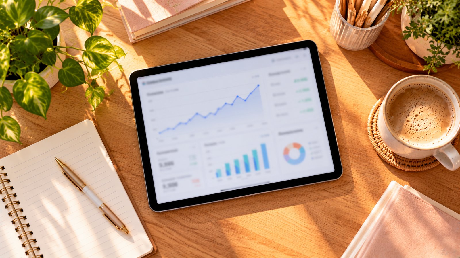 A tablet showing blurred upward trending graphs on a wooden desk at morning light - Step 6: Track What Works