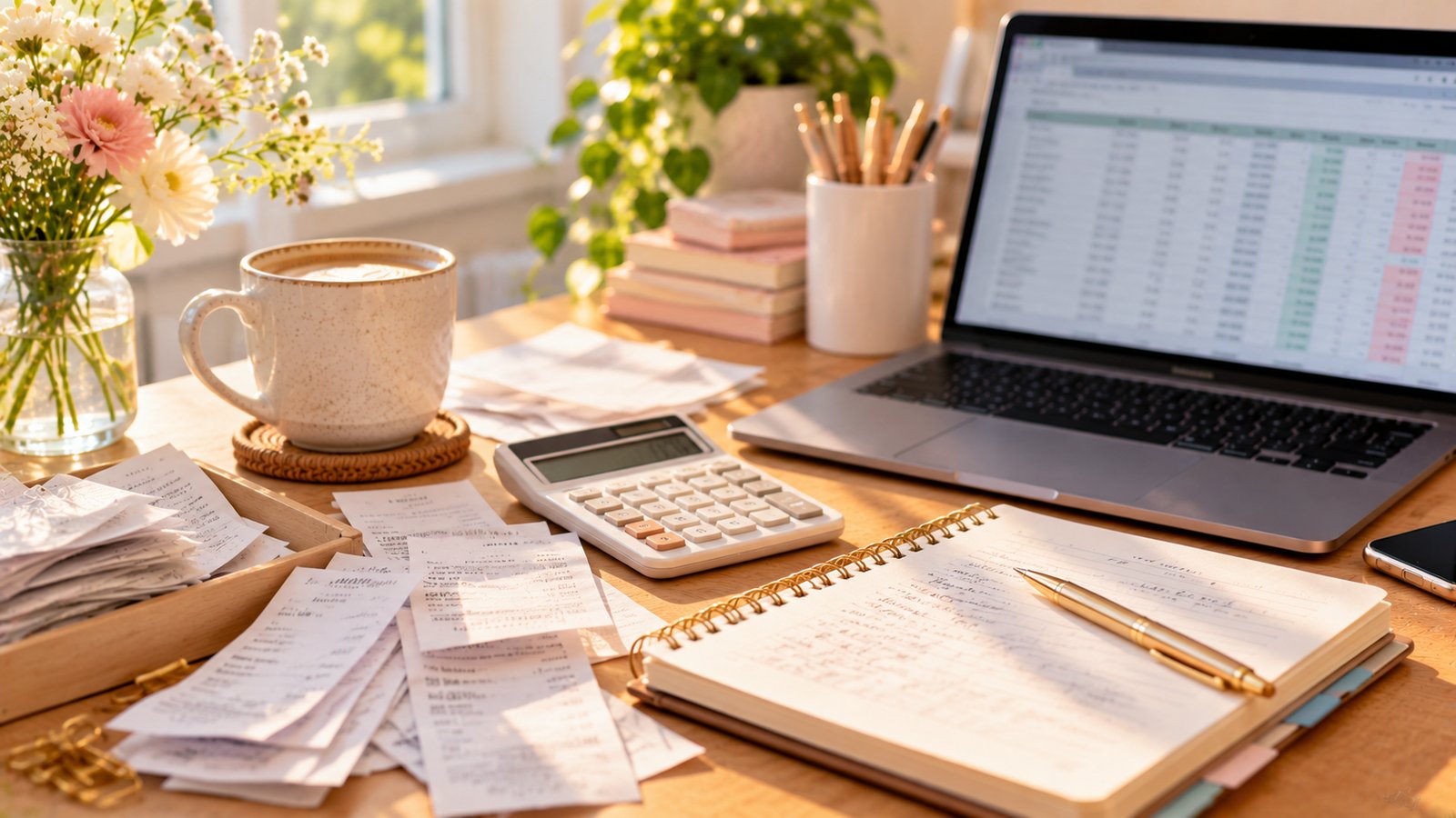 Receipts, a calculator and a notebook spread on a desk beside a laptop showing a blurred spreadsheet - Step 7: Keep Records for Taxes