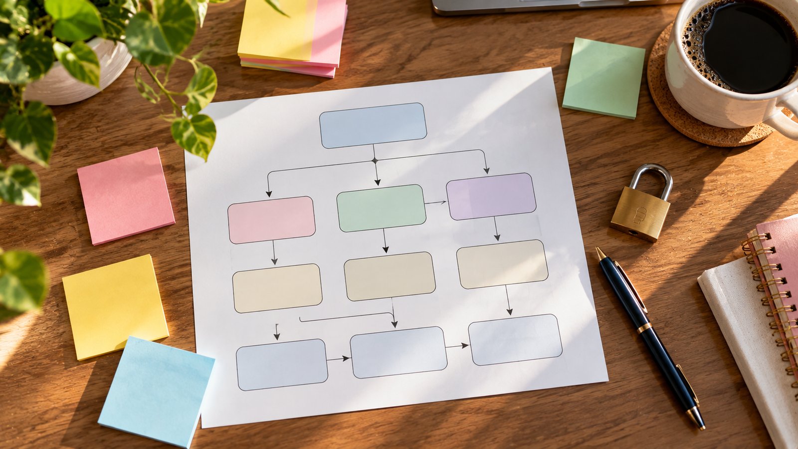 Printed flowchart of blank boxes and arrows with sticky notes and a padlock on a desk