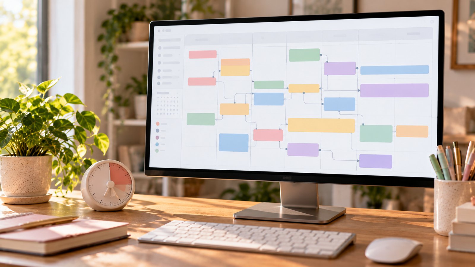 Monitor showing a calendar of colored blocks connected by automation lines, with a timer on the desk