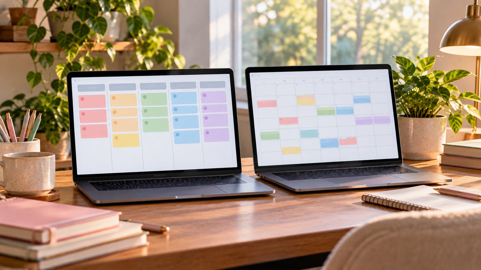 Two laptops comparing a kanban board and a monthly calendar grid of colored blocks