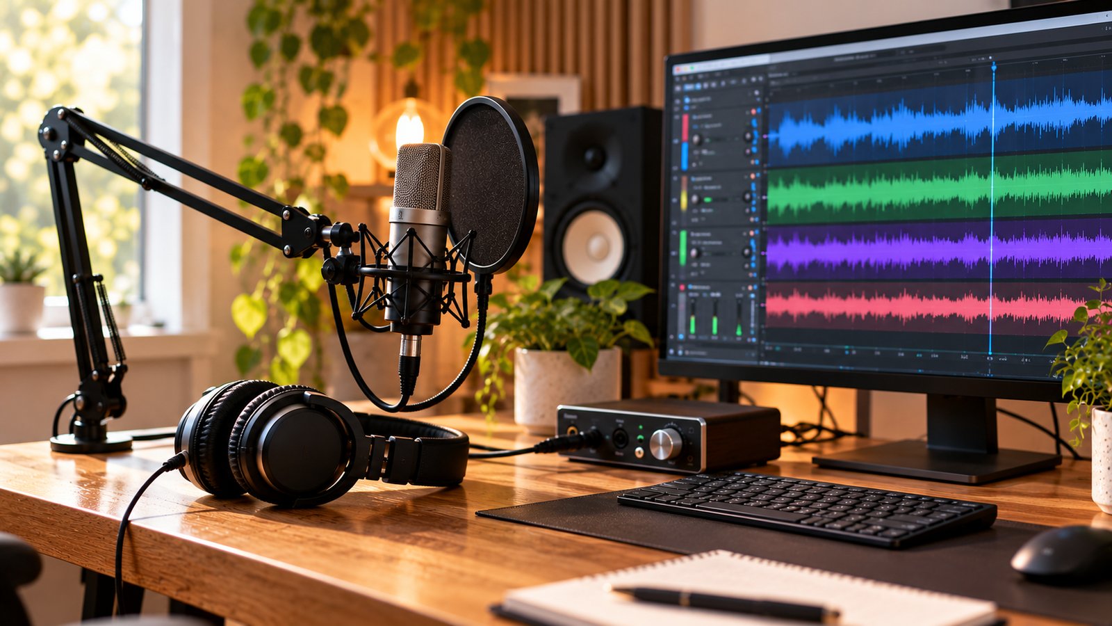 Home studio desk with a microphone, headphones and colorful audio waveforms on a monitor