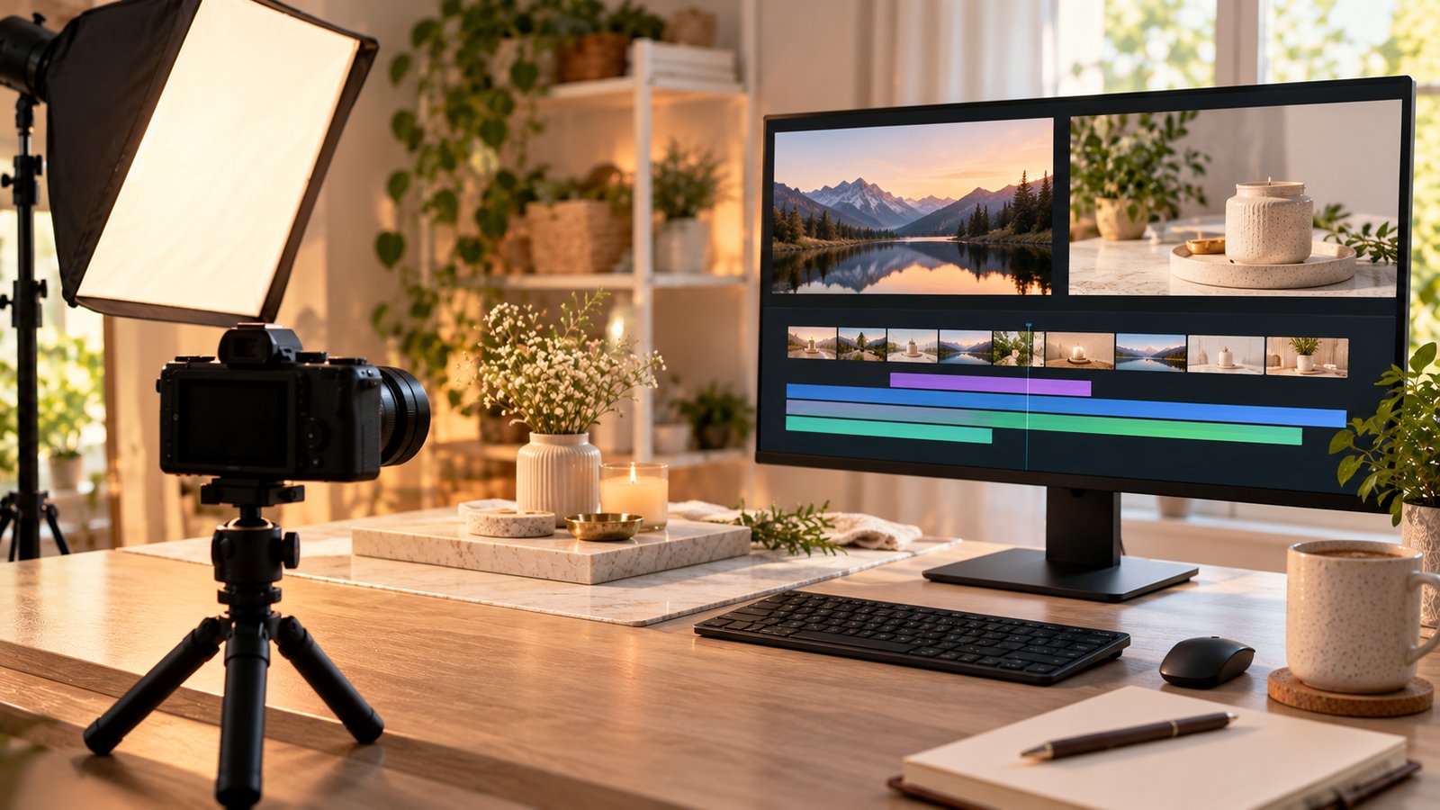 Creator desk with a camera on a tripod, softbox light and a video editing timeline on screen