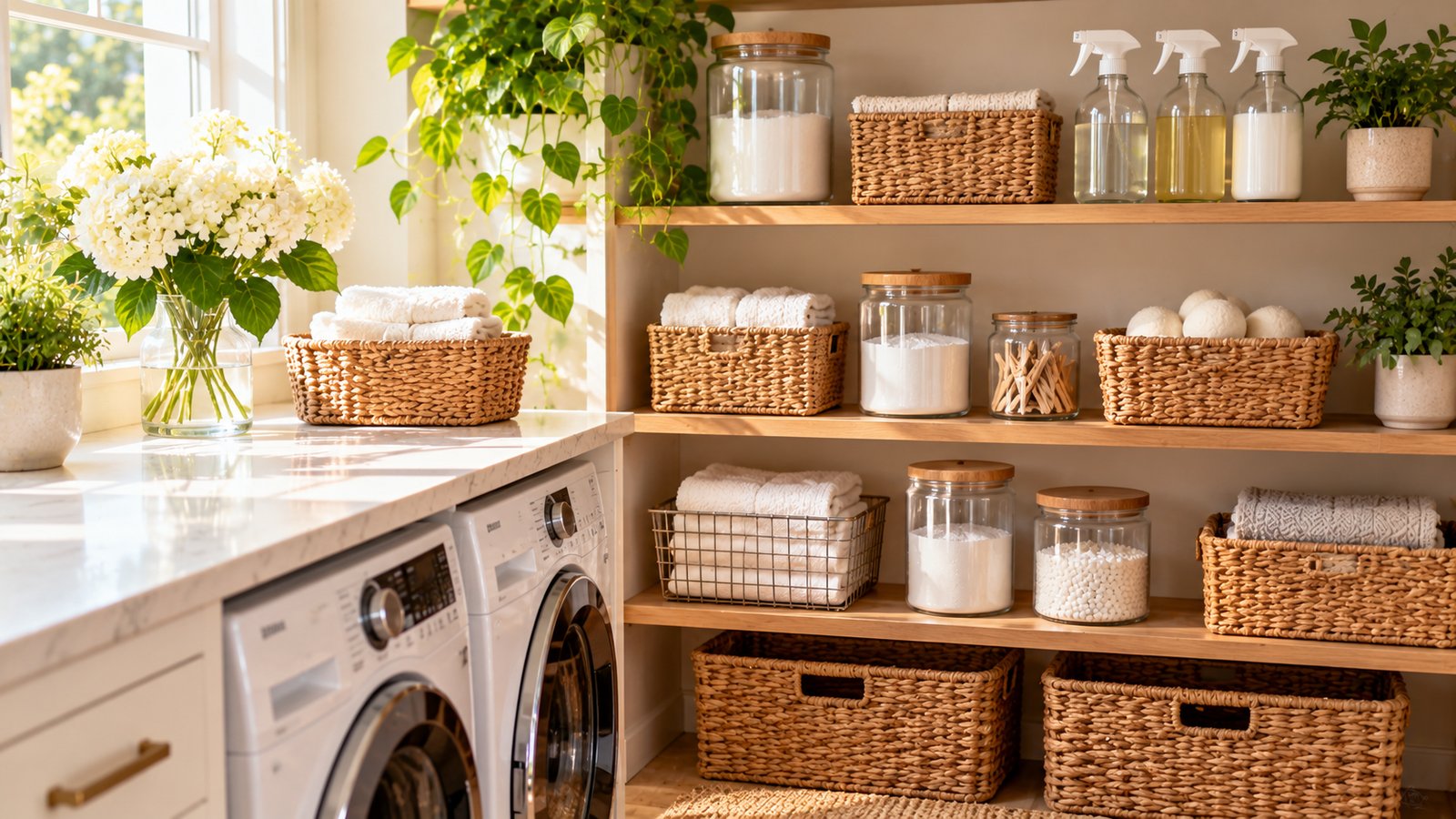 A neat laundry room shelf with unlabeled cleaning supplies in glass bottles and baskets - How Long It Takes to See Returns