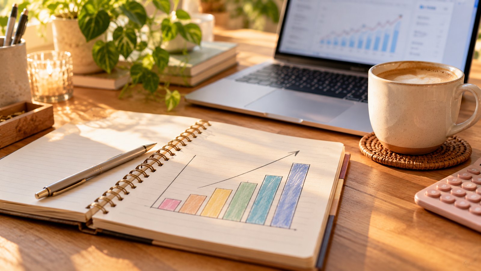 A notebook with a hand-drawn income goal bar chart beside a coffee and a laptop - Thinking About Income Over Time