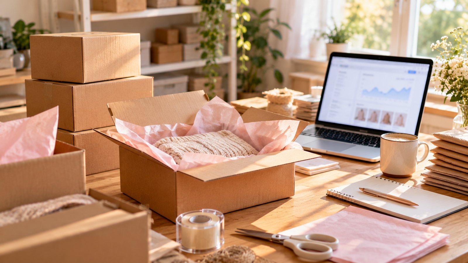 A small business packing station with unmarked shipping boxes, tissue paper and a laptop showing a blurred store dashboard - What Tends Not to Work