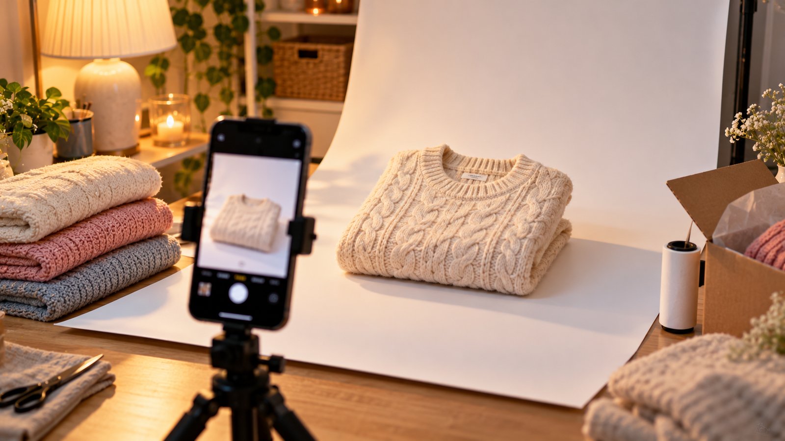 Product photos being taken of a folded sweater on a white backdrop with a smartphone on a tripod - What Tends to Work