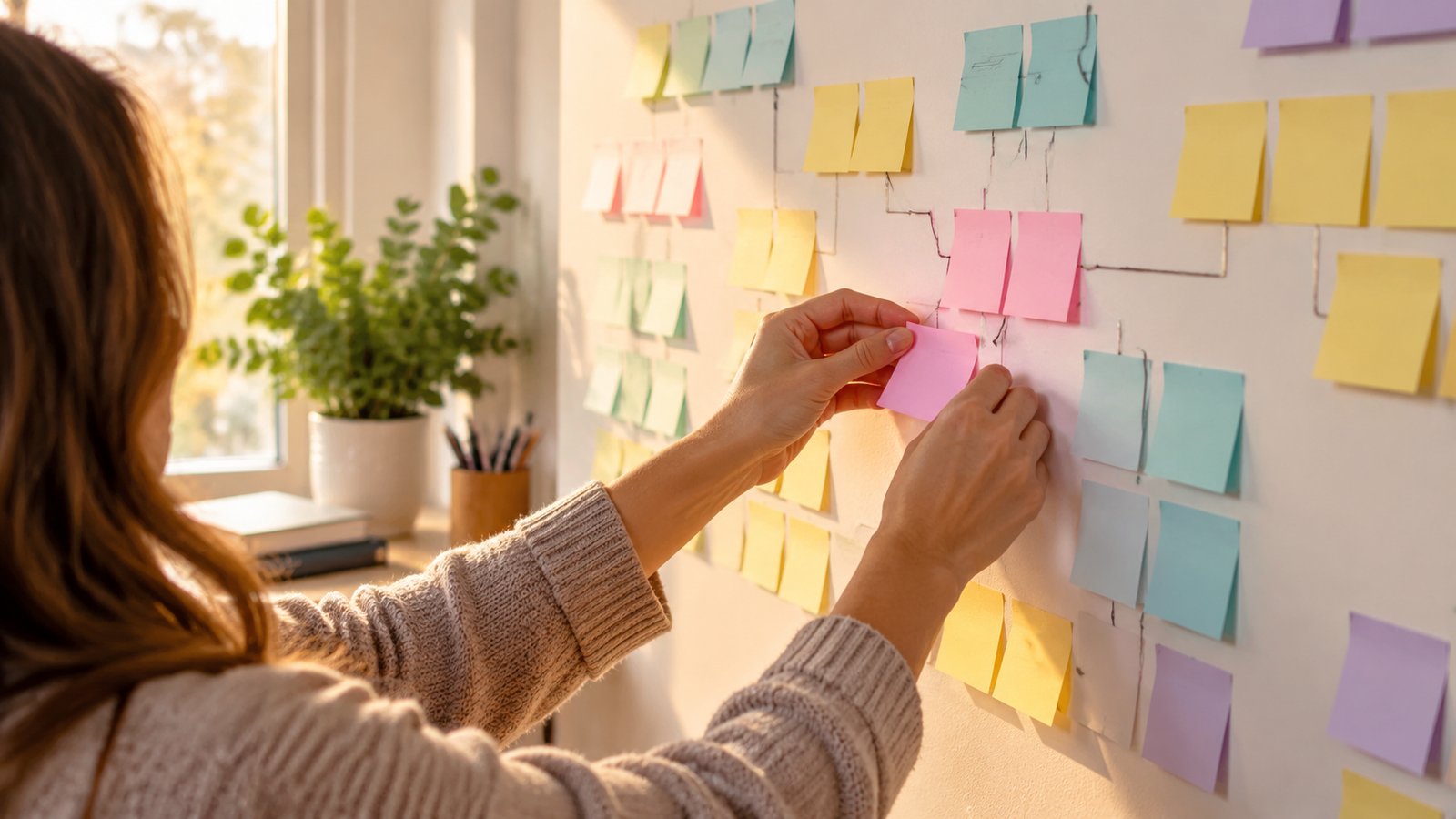 Hands placing a pink sticky note on a wall of colored notes connected by lines, planning natural anchor text for internal linking