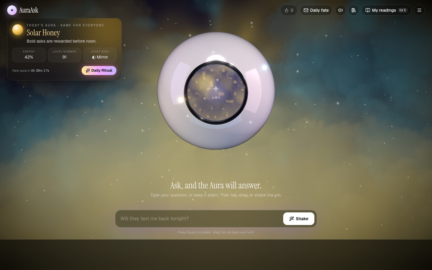 Screenshot of AuraAsk.com interactive 3D magic orb web application