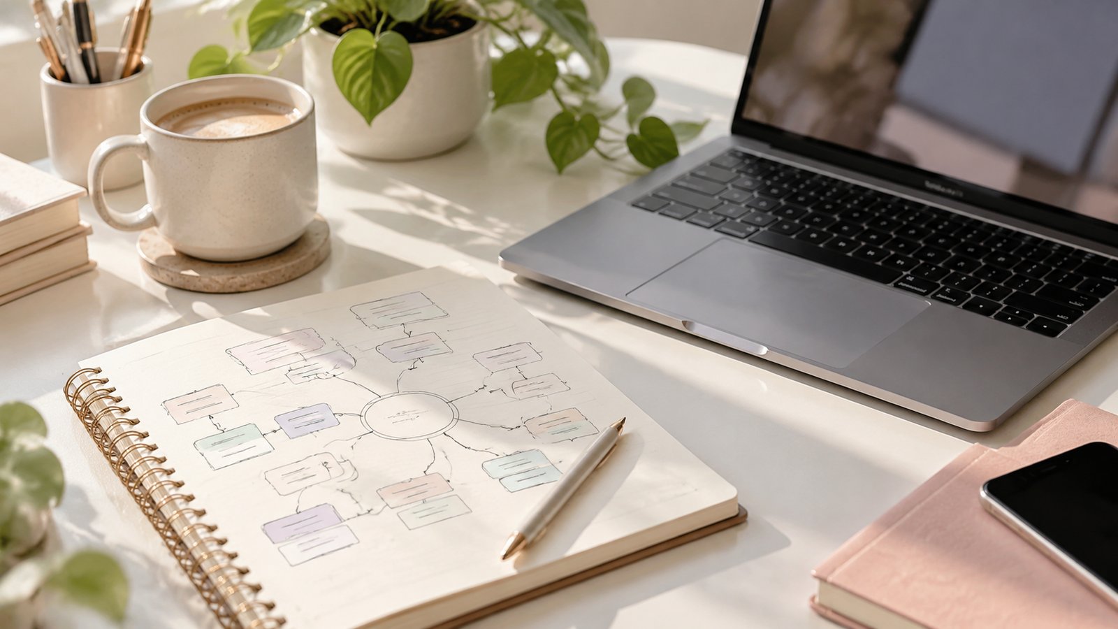 Notebook with a pastel outline diagram and pen on a white desk with coffee and a laptop