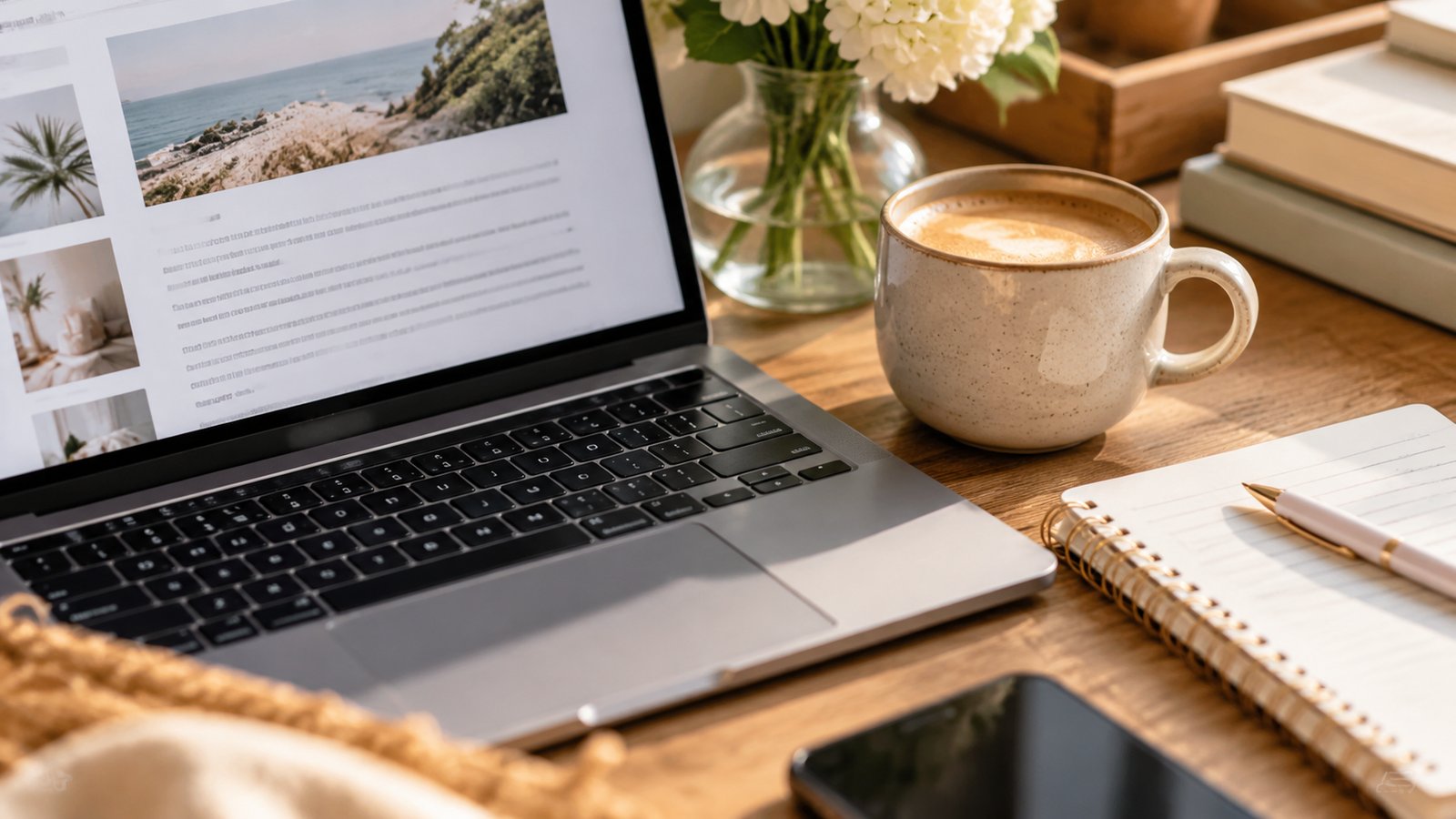 Close-up of a laptop with a blog editor open beside a latte and spiral notebook