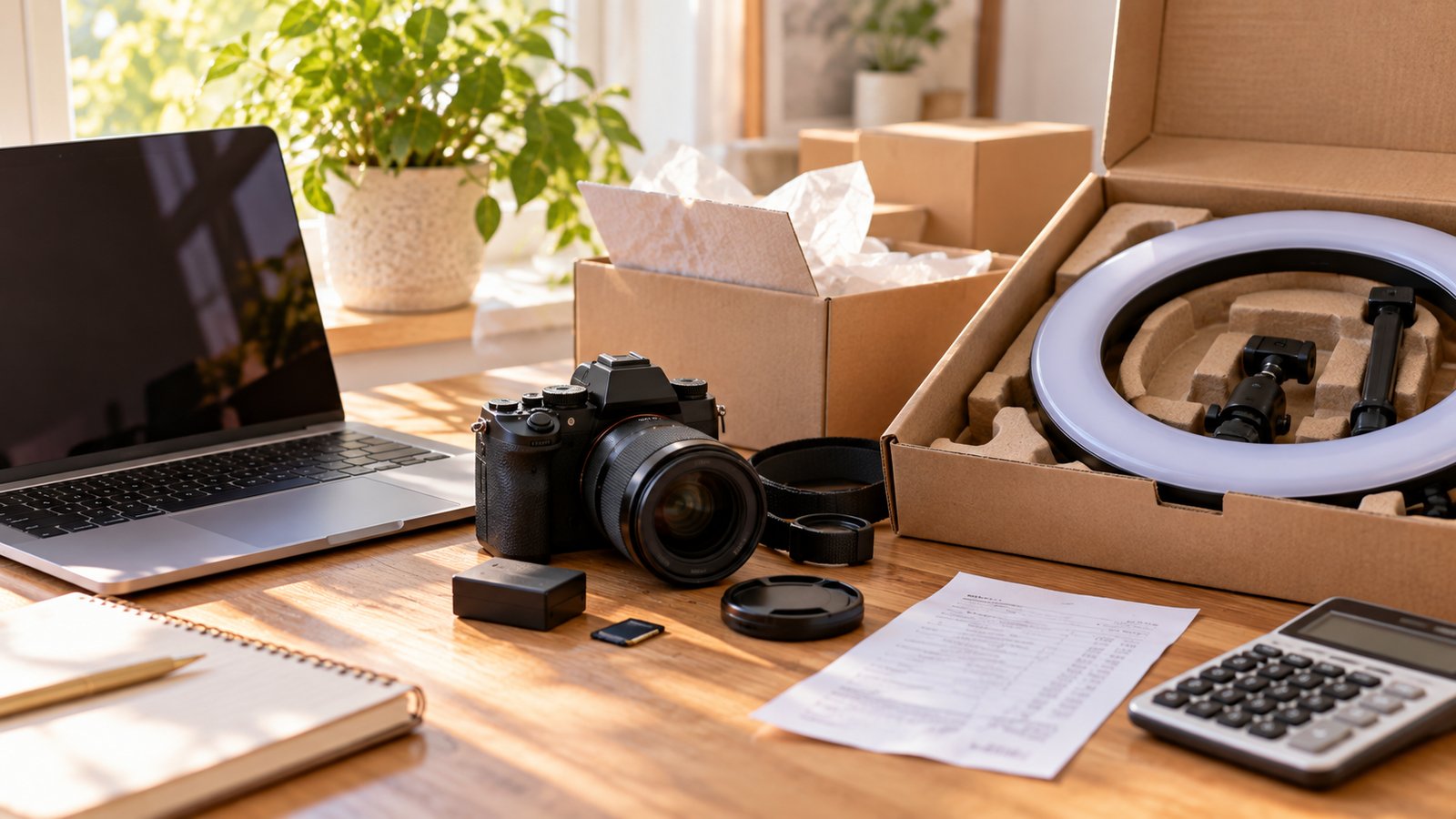 New laptop, camera and ring light box on a desk with a paper receipt and calculator