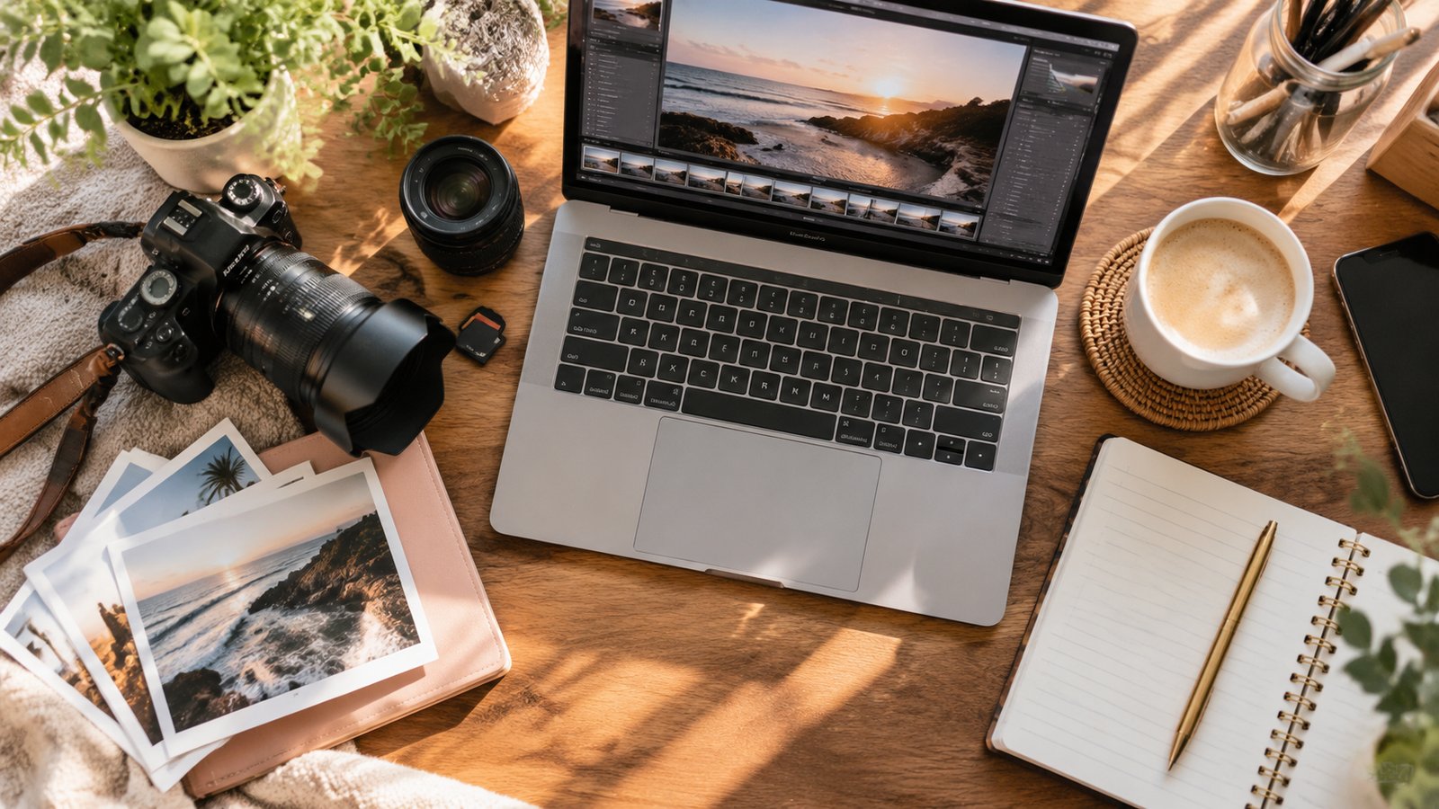 Overhead view of a laptop with a photo editor, a camera and printed beach photos for optimizing blog images for search