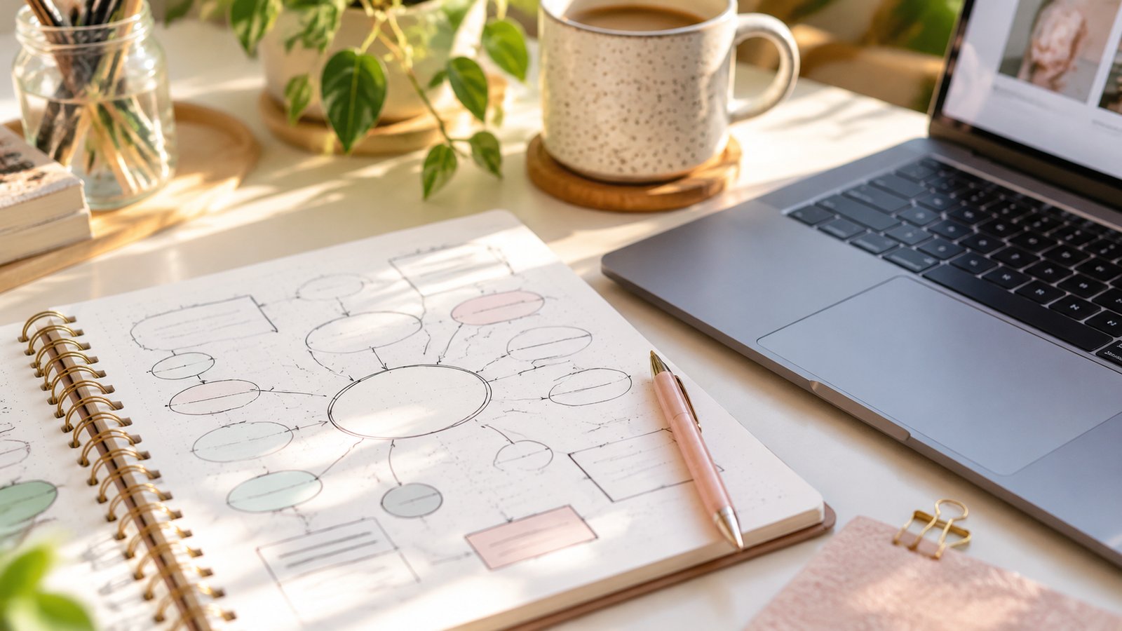 Hand-drawn outline diagram in a spiral notebook with pastel boxes beside a laptop