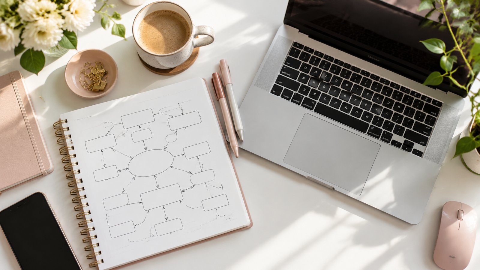 Overhead view of a notebook sketch of blog outline boxes beside a laptop keyboard, coffee and a phone