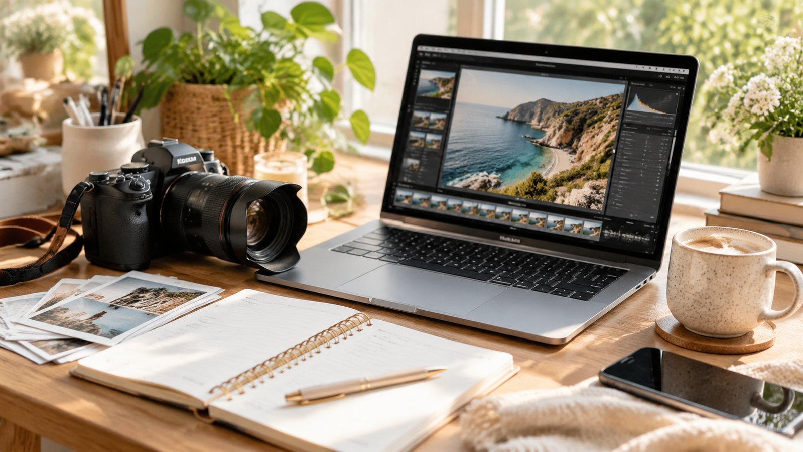 Laptop with a coastal photo open in photo software beside a camera, printed photos and a notebook for blog image SEO
