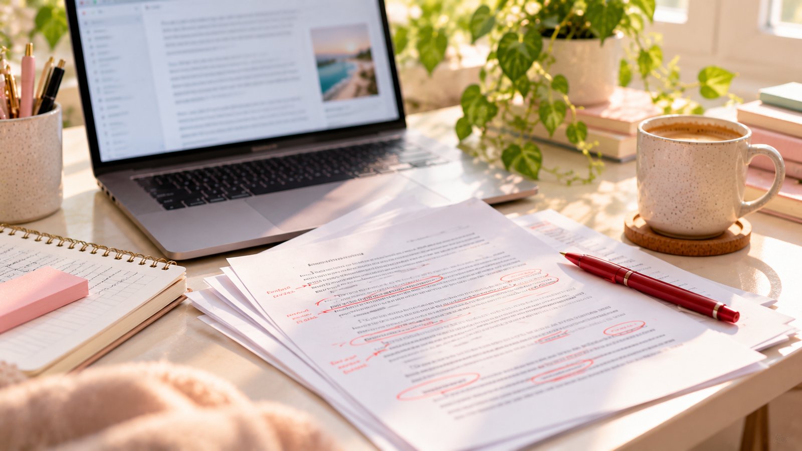 A writer's desk with a laptop, printed draft pages marked in red pen and a coffee mug - Template 1: The How-To Guide