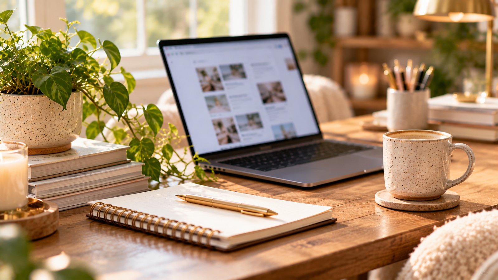 A cozy home office with a laptop, a plant and a mug on a wooden desk, soft window light - Template 4: The Roundup or List Post