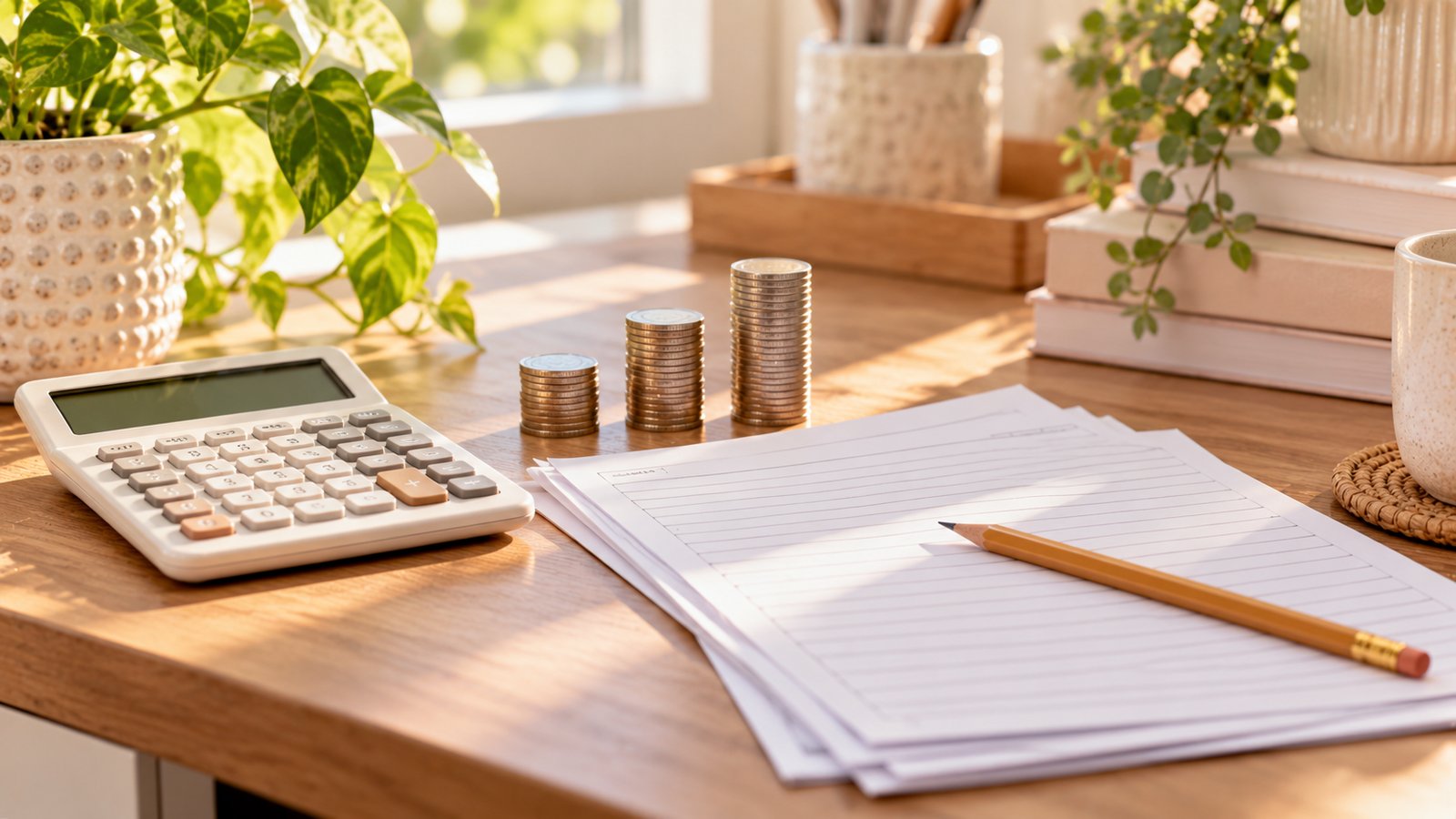Calculator, rising stacks of coins and blank worksheets on a home office desk