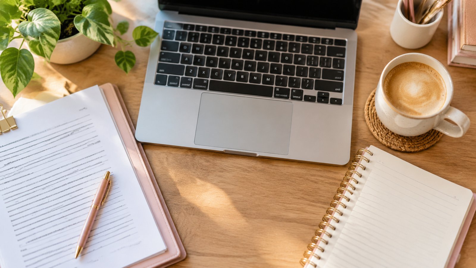 Laptop, latte and an open notebook with a pen on a wooden desk for deciding how long a blog post should be