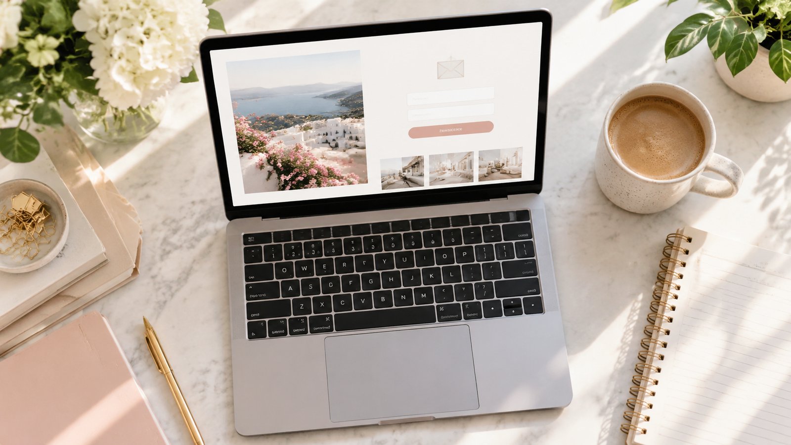 Laptop displaying a newsletter signup page with a coastal photo beside coffee and a notebook