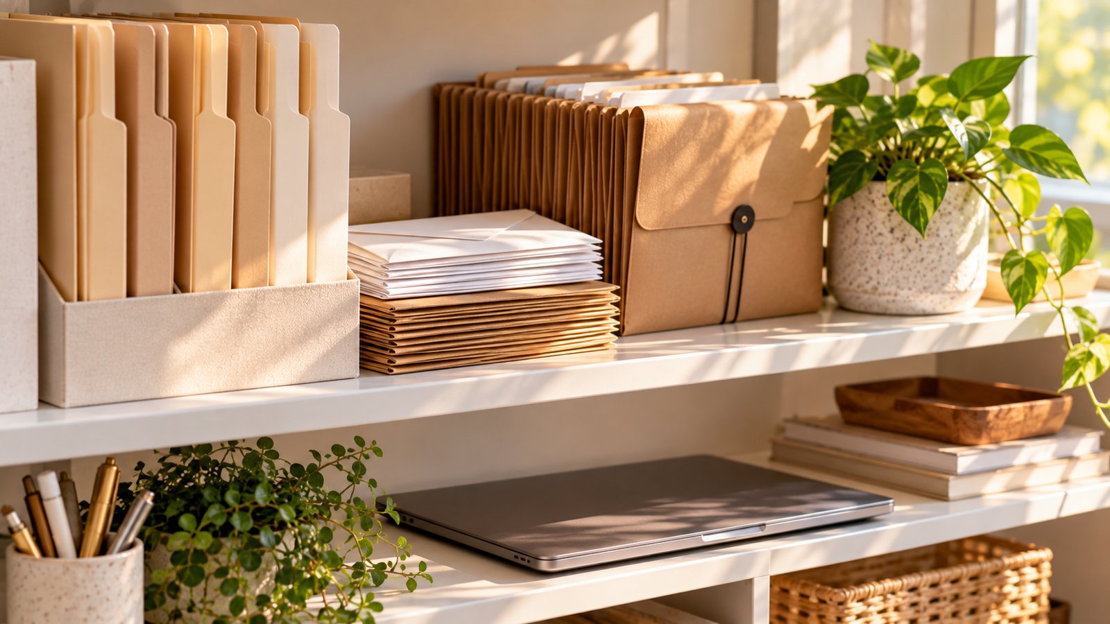 Organized home office shelf with file folders, envelopes, an accordion file and a closed laptop