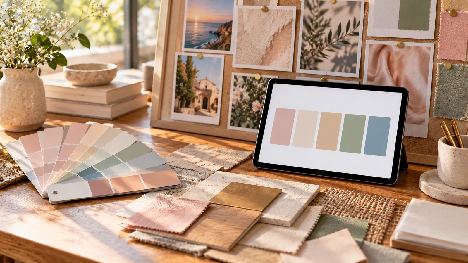 Mood board with color swatches, texture samples and a tablet showing a color palette