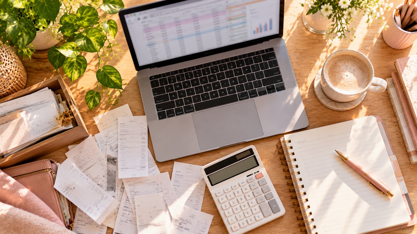 Receipts, a calculator and a notebook spread on a desk beside a laptop showing a blurred spreadsheet - Account Safety Tips