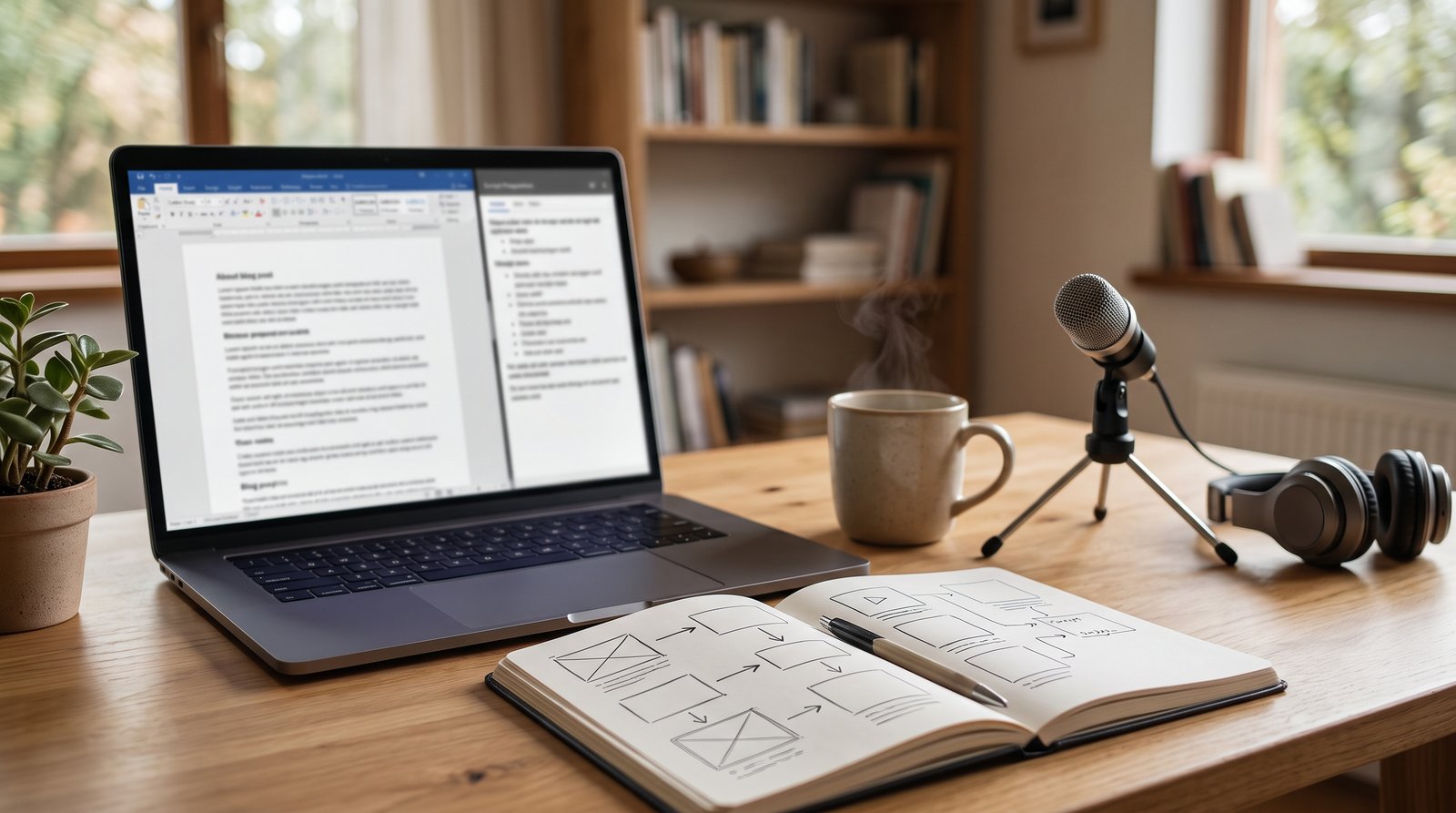 A cozy home office with a laptop, a plant and a mug on a wooden desk, soft window light - Blog post to video script