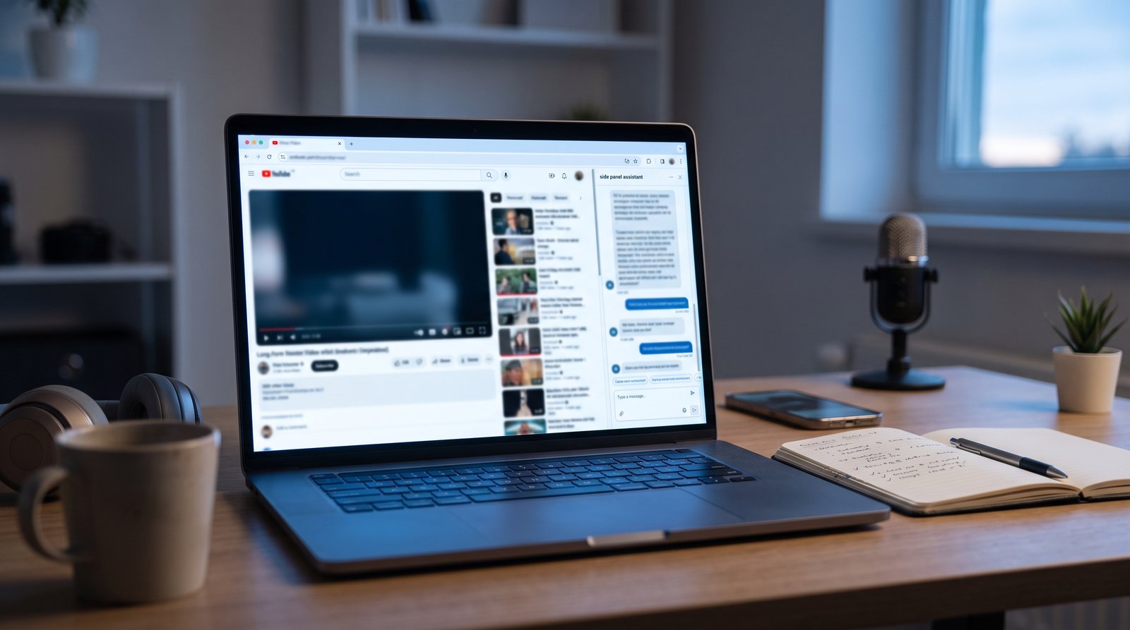 A laptop showing a blurred browser window with a side panel assistant interface on a clean desk, soft blue light - Long-form videos