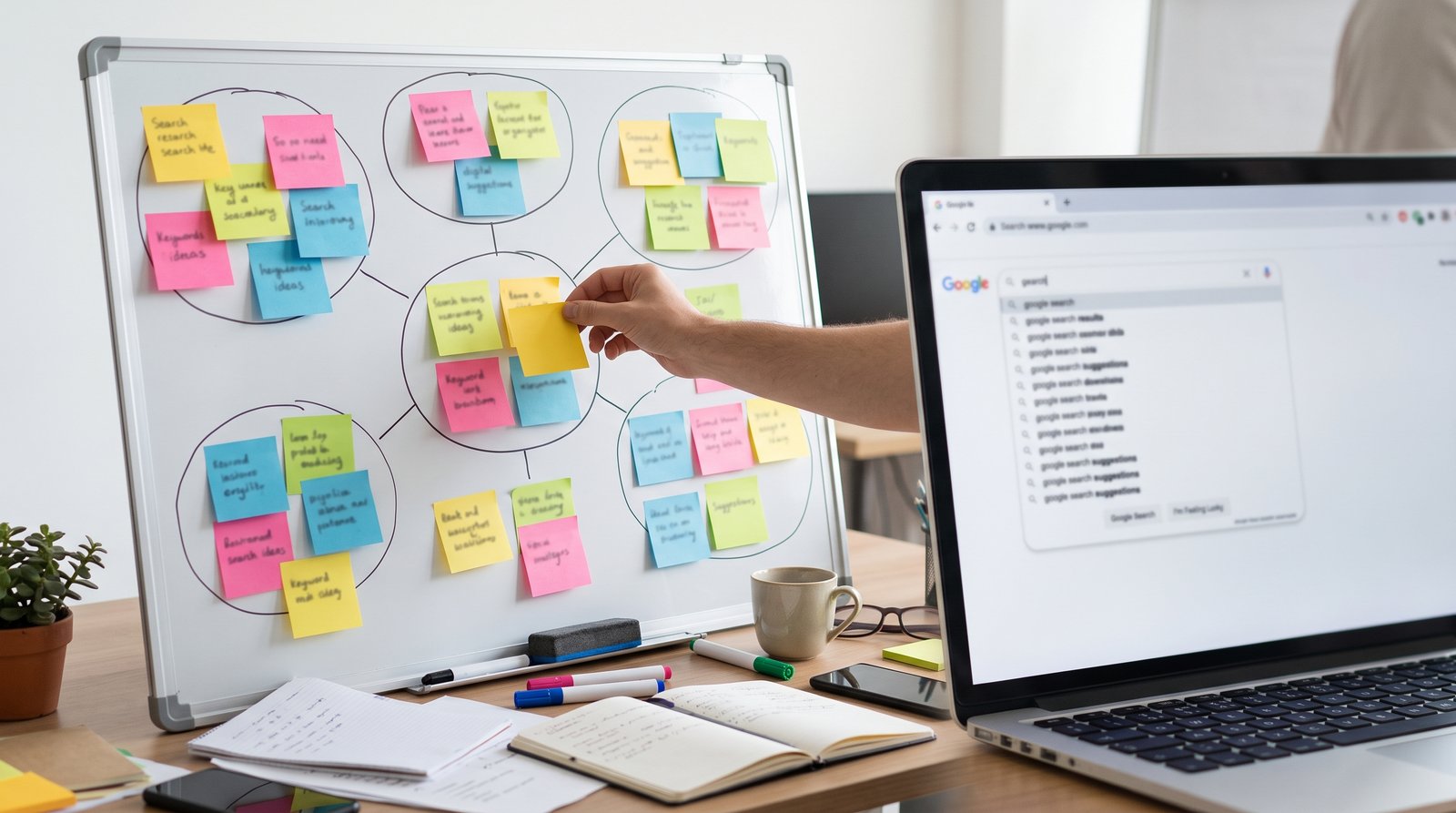 Sticky notes grouped into clusters on a whiteboard beside a laptop, hands only, bright office light - Mine the search suggestions