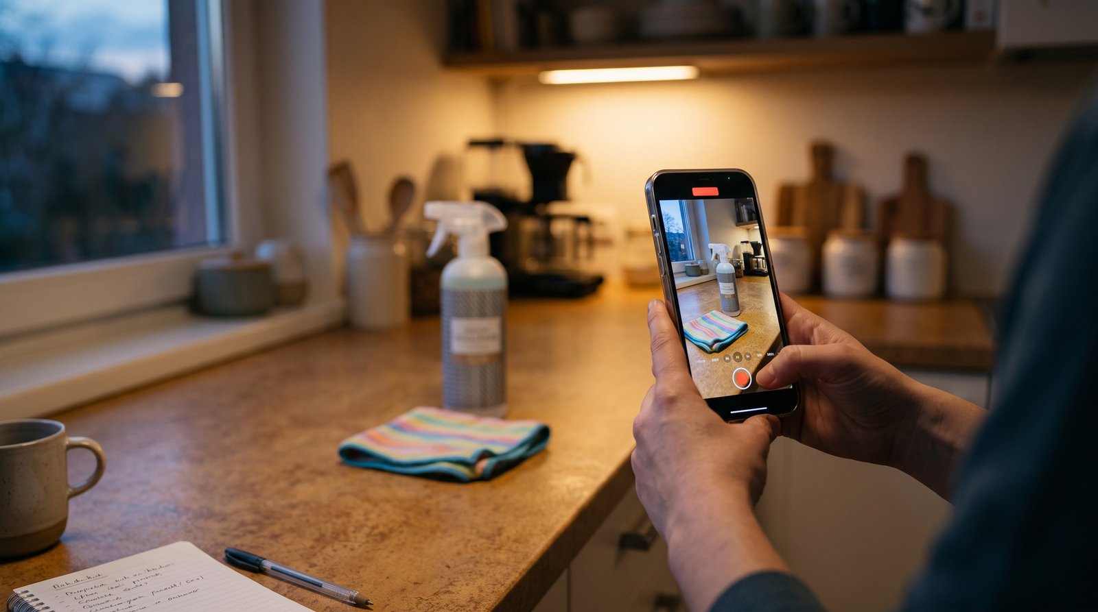 Hands holding a phone vertically filming a cleaning spray on a kitchen counter, no face visible - Shorts