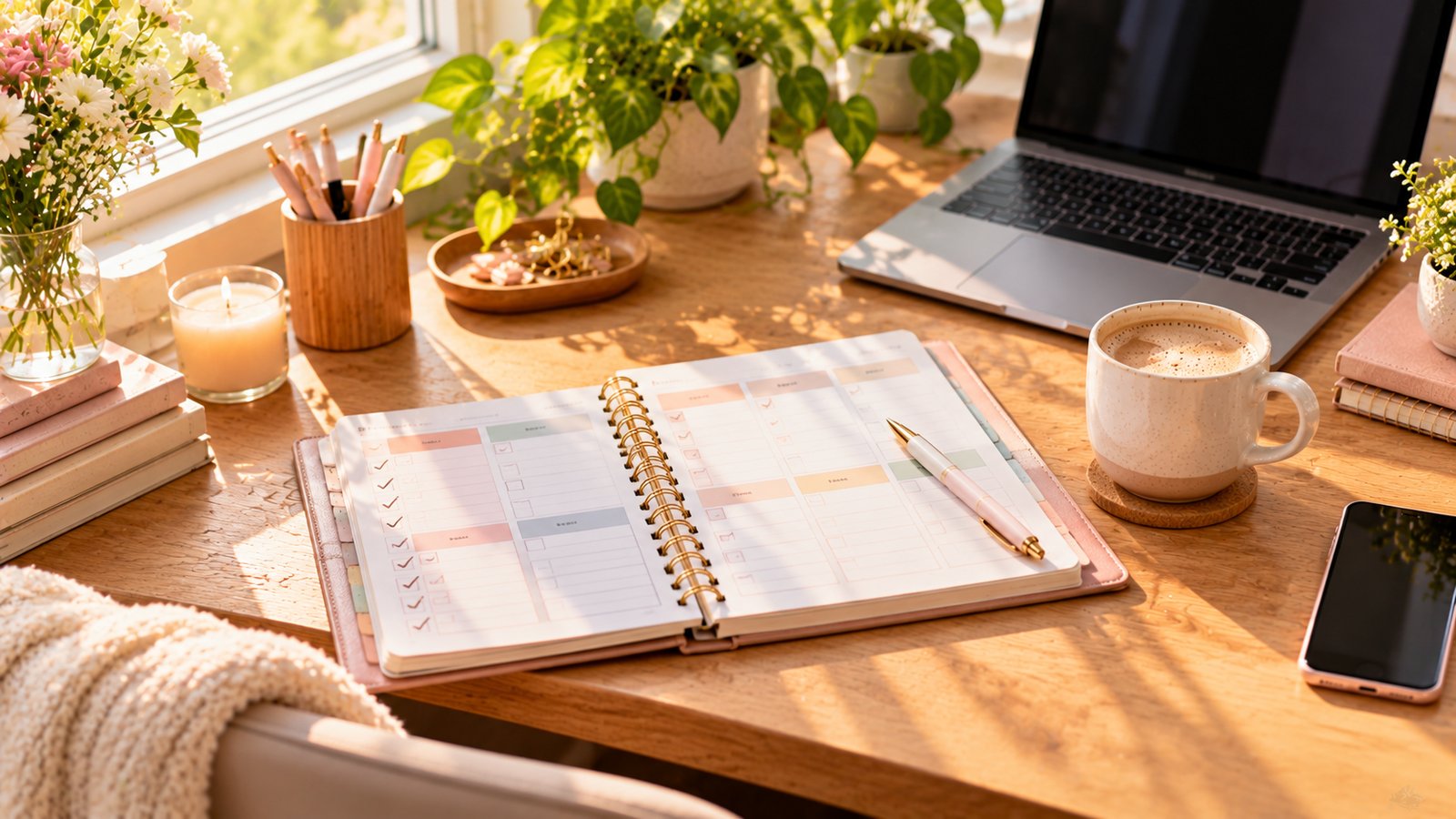 A weekly planner with checked boxes, a pen and a coffee on a wooden desk, morning light - Start With One Workflow This Week
