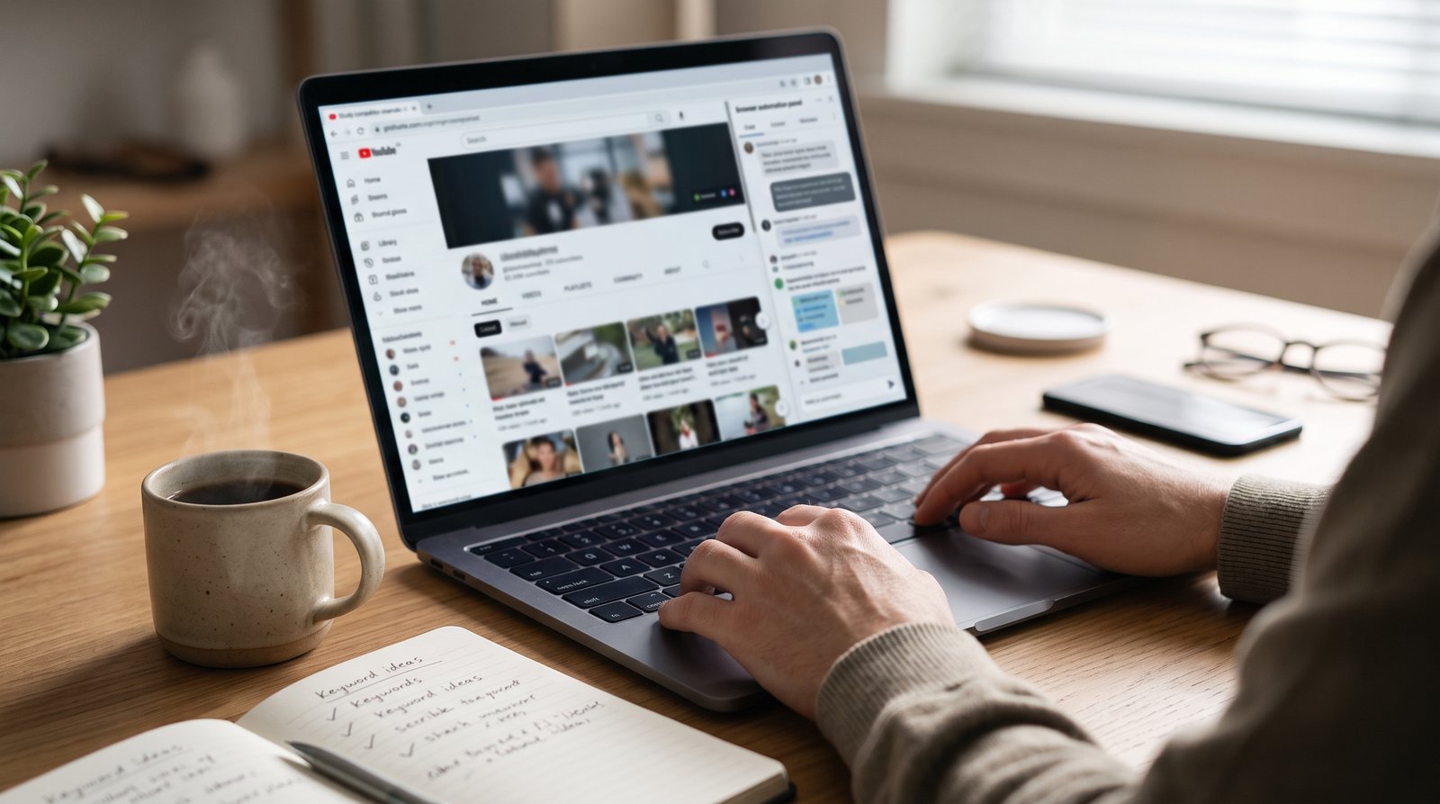 Hands resting near a laptop as a blurred browser automation panel works on screen, coffee beside it, no face visible - Study competitor channels