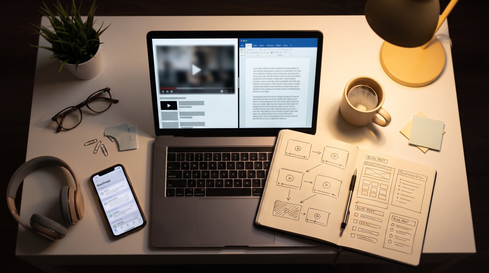 A flat lay of a laptop, notebook, pen and phone on a white desk, top-down view - Video to blog post