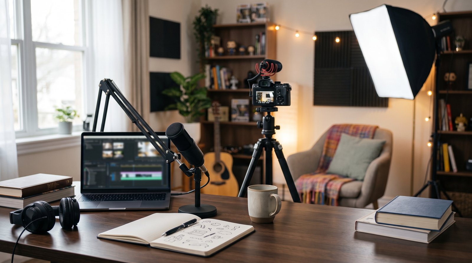 A home video studio corner with a camera on a tripod, softbox lights and a microphone on a desk, no people - Who Can Use It