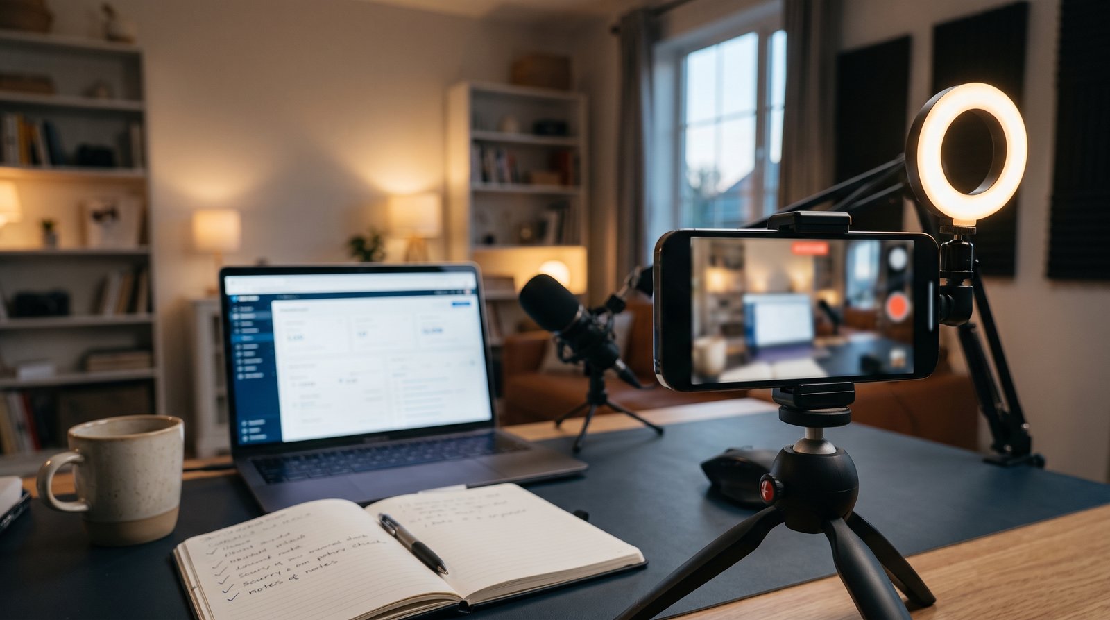 A smartphone on a tripod facing a desk set up for filming, with a ring light glowing, viewed from behind the camera - Why Agentic AI Fits YouTube So Well