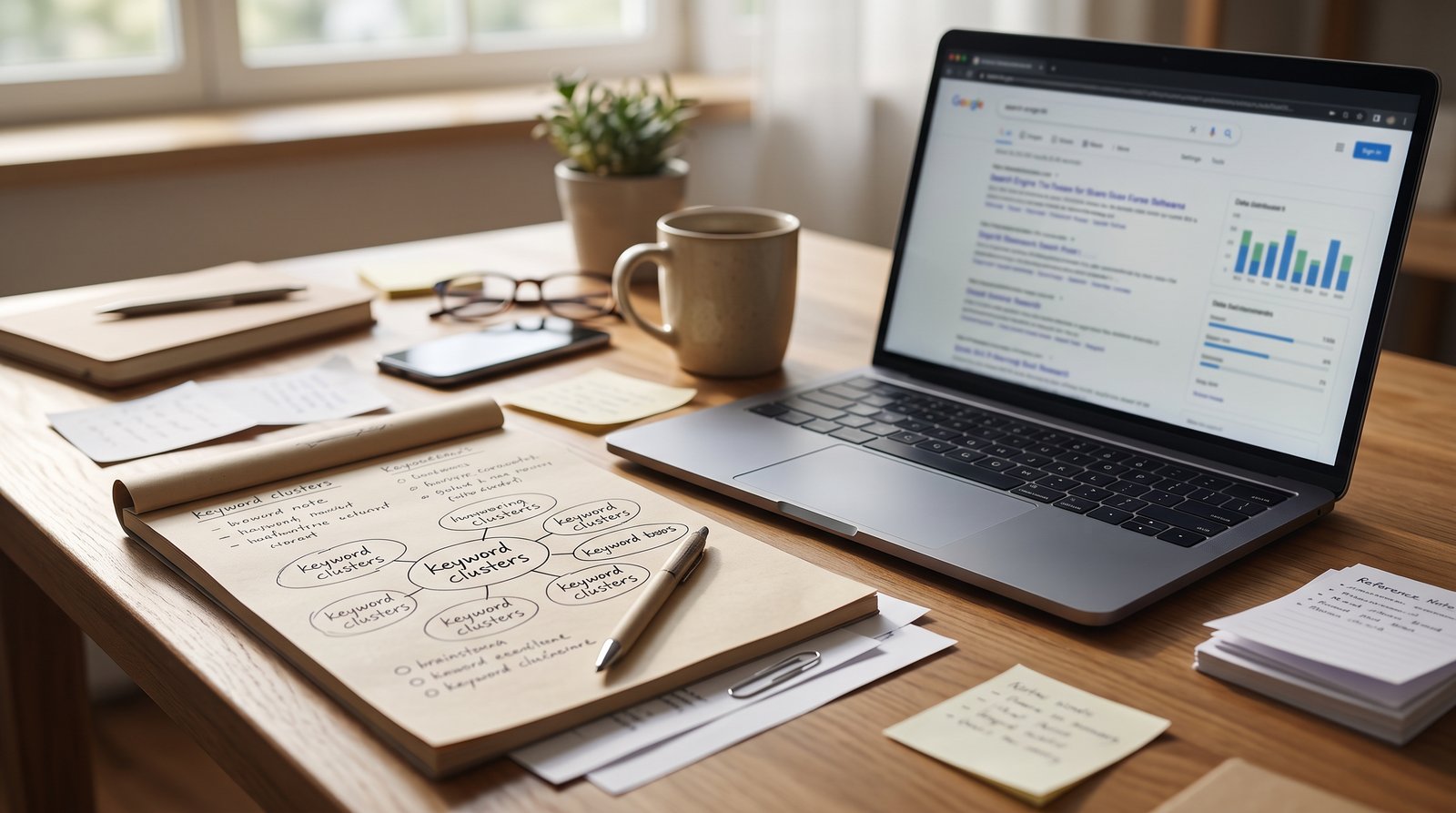 A laptop displaying a blurred search results page beside a notepad of keyword clusters drawn as bubbles - Workflow 1: Keyword and Topic Research