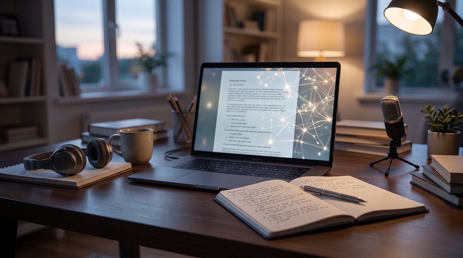 A modern workspace with a laptop and a glowing abstract network of light lines reflected on the screen, no text - Workflow 2: Outlining and Scripting in Your Voice