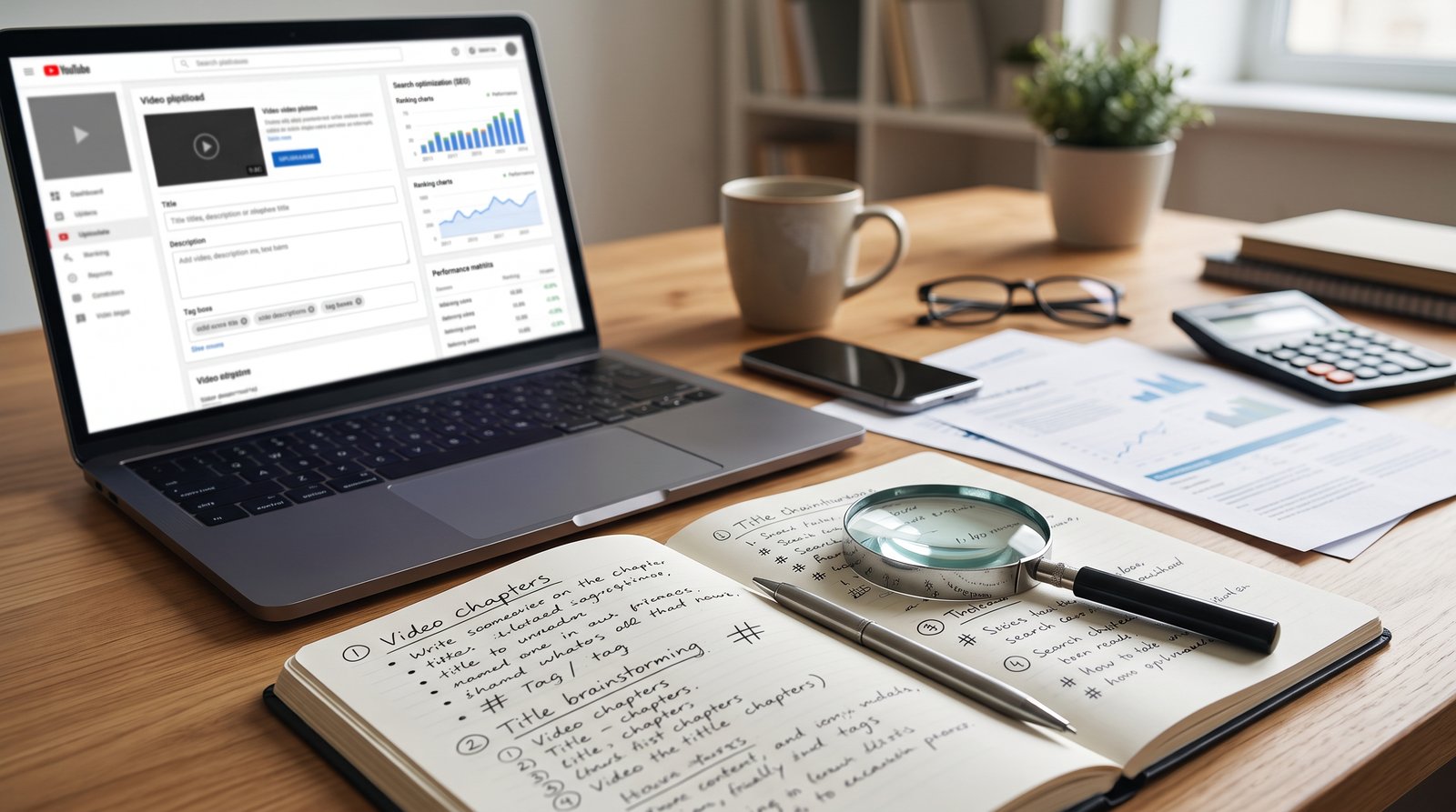 A desk with a laptop showing blurred ranking charts, a magnifying glass and a notebook - Workflow 3: SEO Titles, Descriptions, Chapters, and Tags